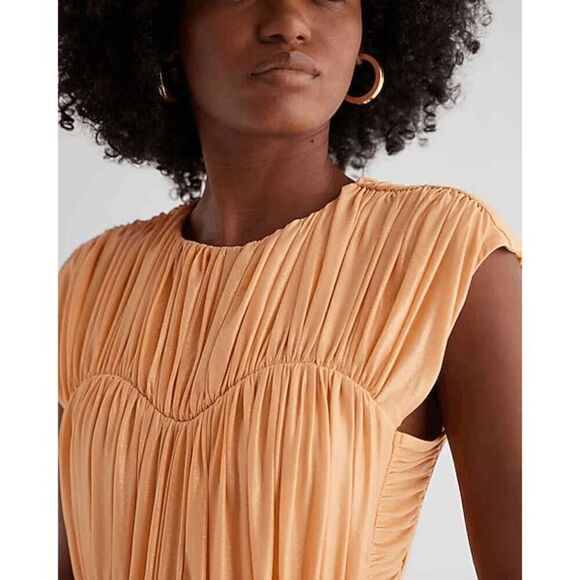 Express Peach Orange Foil Crew Neck Ruched Peplum Top Medium - Picture 6 of 8